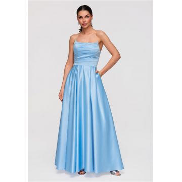 Rochie Maxi de Seara Eleganta - Croiala Ampla - Material Satinat Lucios - Albastru