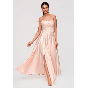 Rochie Maxi de Seara Eleganta - Croiala Ampla - Material Satinat Lucios - Peach Fuzz