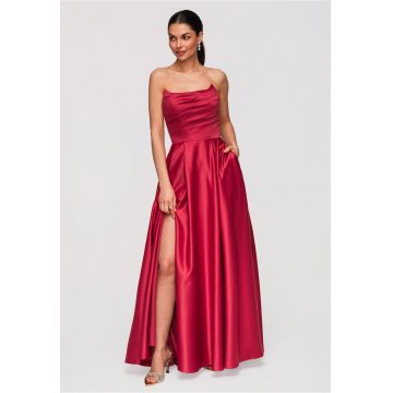 Rochie Maxi de Seara Eleganta - Croiala Ampla - Material Satinat Lucios - Rosu