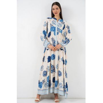Rochie maxi  decolteu in V - albastru - viscoza - maneca lunga