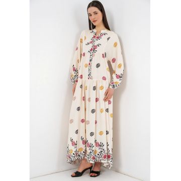 Rochie maxi  decolteu in V - bej - 100% viscoza - maneca lunga