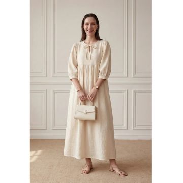Rochie maxi  decolteu in V - croiala lejera - crem - bumbac