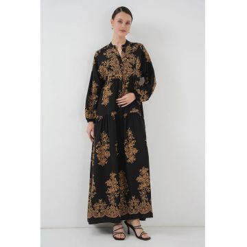 Rochie maxi  decolteu in V - cu imprimeu - negru - viscoza