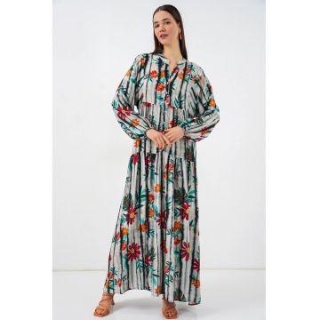 Rochie maxi  decolteu in V - gri - viscoza - maneca lunga