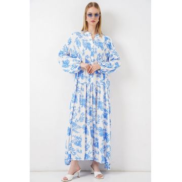Rochie Maxi  decolteu in V - maneca lunga - albastru/alb - viscoza