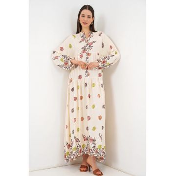Rochie maxi  decolteu in V - maneca lunga - bej - viscoza