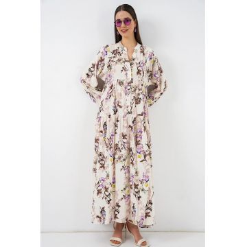Rochie maxi  decolteu in V - maneca lunga - culoare maro - viscoza