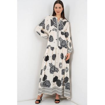 Rochie maxi  decolteu in V - maneca lunga - ivoire - viscoza