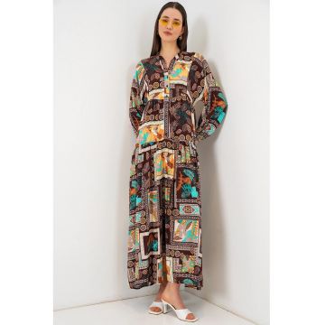 Rochie maxi  decolteu in V - maneca lunga - maro - 100% viscoza