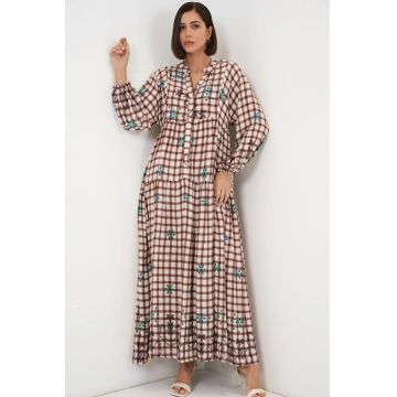 Rochie Maxi  decolteu in V - maneca lunga - maro/alb - viscoza