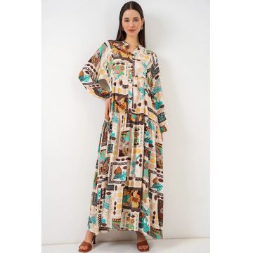 Rochie maxi  decolteu in V - maneca lunga - maro - viscoza