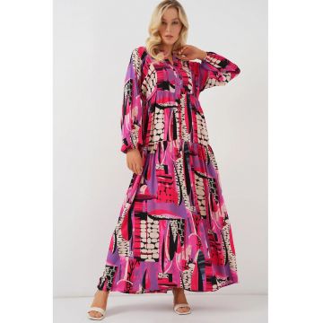 Rochie maxi  decolteu in V - maneca lunga - multicolor - viscoza