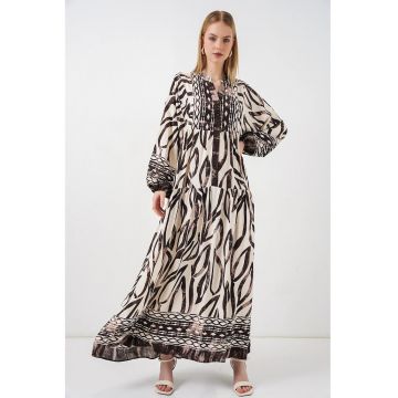 Rochie Maxi  decolteu in V - maneca lunga - viscoza - crem/negru
