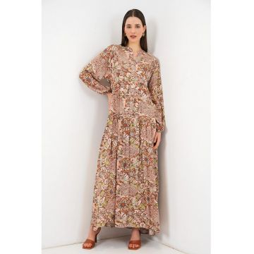 Rochie maxi  decolteu in V - maneci lungi - maro - viscoza