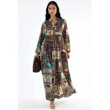 Rochie Maxi -  decolteu in V - maneci lungi - maro - viscoza