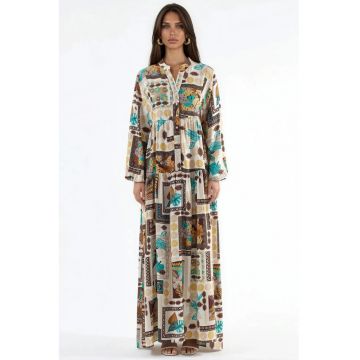Rochie Maxi -  decolteu in V - maneci lungi - natural - viscoza