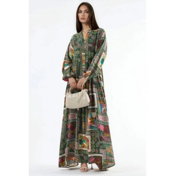 Rochie Maxi -  decolteu in V - maneci lungi - verde - viscoza