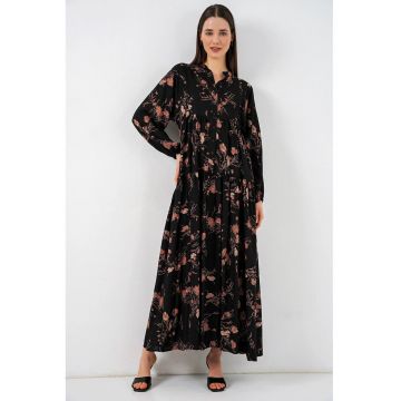 Rochie maxi  decolteu in V - neagra - viscoza - maneca lunga - croiala lejera