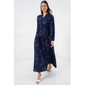Rochie maxi  decolteu in V - neagra - viscoza - maneca lunga