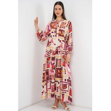 Rochie maxi  decolteu in V - portocalie - maneca lunga - 100% viscoza