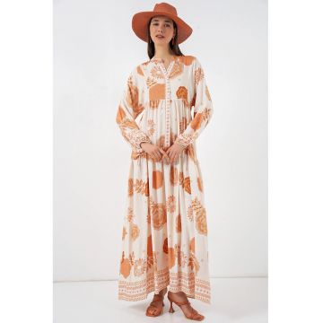 Rochie maxi  decolteu in V - portocaliu - viscoza - maneca lunga