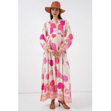 Rochie maxi  decolteu in V - roz - 100% viscoza - maneca lunga
