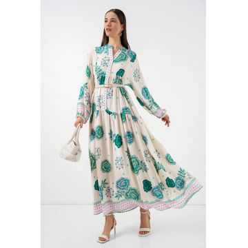 Rochie maxi  decolteu in V - verde - viscoza - maneca lunga