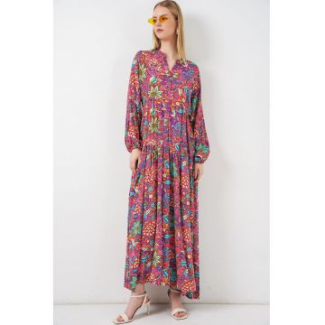 Rochie Maxi  decolteu in V - viscoza - maneca lunga - roz