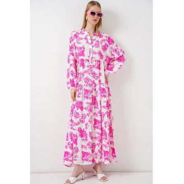 Rochie Maxi -  Etnic - Decolteu in V - Roz Garoafa - 100% viscoza -