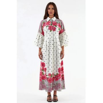 Rochie Maxi -  Floral - Alb Murdar - Poliester