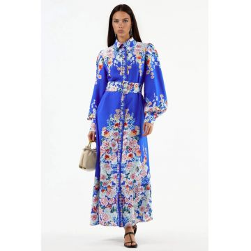 Rochie Maxi -  Floral - Albastru - Poliester - Maneci lungi