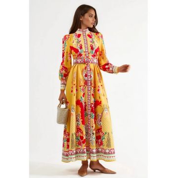Rochie Maxi -  Floral - Galben - cu cordon - maneca lunga