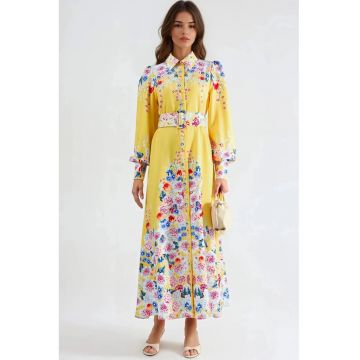 Rochie Maxi -  Floral - Galben Lamaie - Poliester - Maneci Lungi