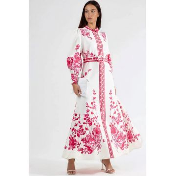 Rochie Maxi -  Floral - Maneca lunga - Roz - Poliester
