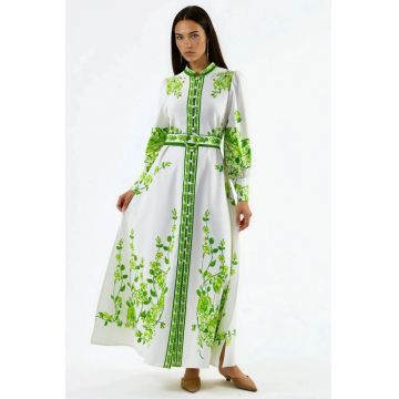Rochie Maxi -  Floral - Maneca Lunga - Verde - Poliester