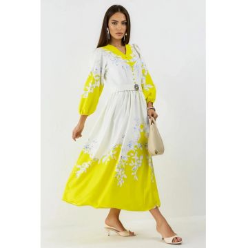 Rochie Maxi -  Floral - Multicolor - Maneca lunga - Decolteu in V - Detaliu cu Nasturi