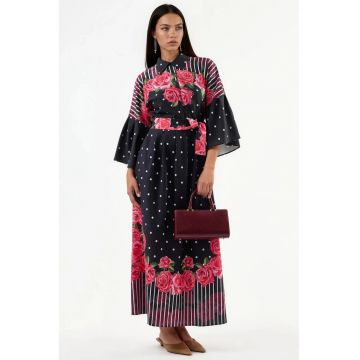Rochie Maxi -  Floral - Negru - Poliester - Maneca Lunga