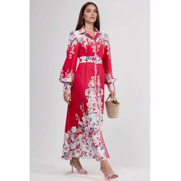Rochie Maxi -  Floral - Rosu - Poliester - Maneca lunga