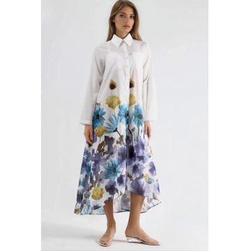 Rochie Maxi -  Florala - Alb - Poliester - Inchidere cu Nasturi