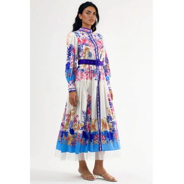 Rochie Maxi Florala MSN cu Cordon - Alb - Poliester - Maneca Lunga