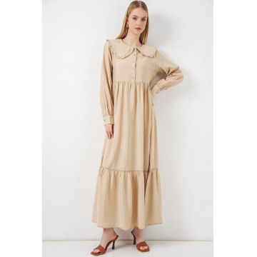 Rochie Maxi  guler bebelus - maneca lunga - bej natural - viscoza-nailon