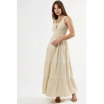 Rochie Maxi -  guler in U - texturata - poliester - crem