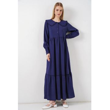Rochie Maxi  guler Peter Pan - maneca lunga - albastru marin - viscoza-nailon