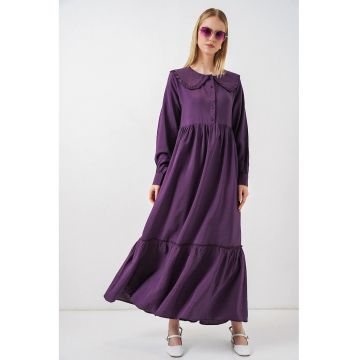Rochie Maxi  Guler Peter Pan - Maneca lunga - Mov Ametist - 84% viscoza
