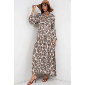 Rochie maxi  imprimata - decolteu in V - bej