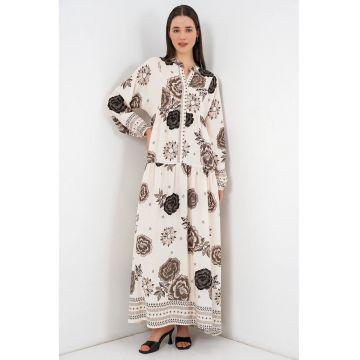 Rochie maxi  imprimata - maneca lunga - bej - viscoza