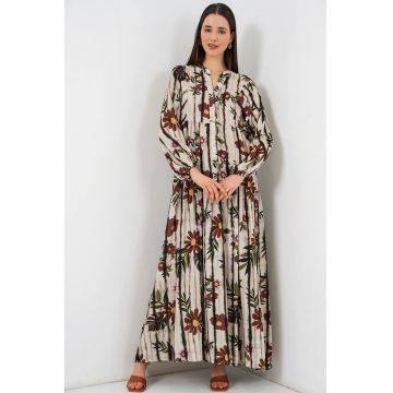 Rochie maxi  imprimata - maneci lungi - maro - viscoza