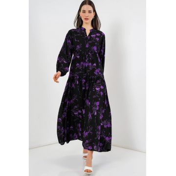 Rochie maxi  imprimata - neagra - viscoza - maneca lunga
