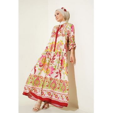 Rochie Maxi -  imprimeu - decolteu in V - multicolor - viscoza - maneca lunga - captusita