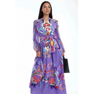 Rochie Maxi -  Imprimeu Floral - Maneca lunga - Multicolor - Poliester cu Lycra -